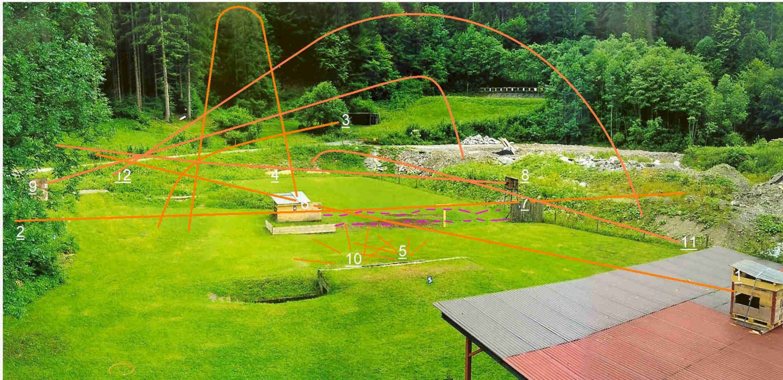 Übersichtsplan des Schiessplatzes Krummeney mit eingezeichneten Flugbahnen der Wurfscheiben